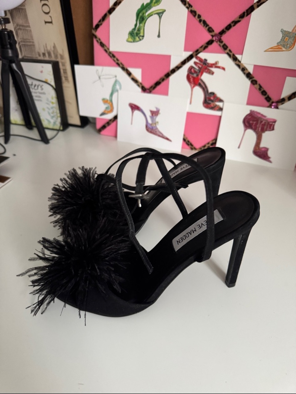 Steve Madden Black Pom-Pom Strappy Heels - Picture 2 of 4
